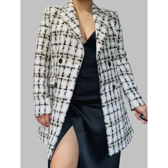 Zara Women Taupe Brown Lapel Collar Longline Textured Plaid Blazer Medium - Picture 16 of 16